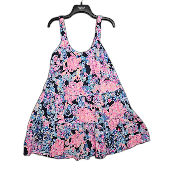 Lilly Pultzer Womens L Jersey Tank Dress Loose Fit Colorful Tiered Floral  Spring